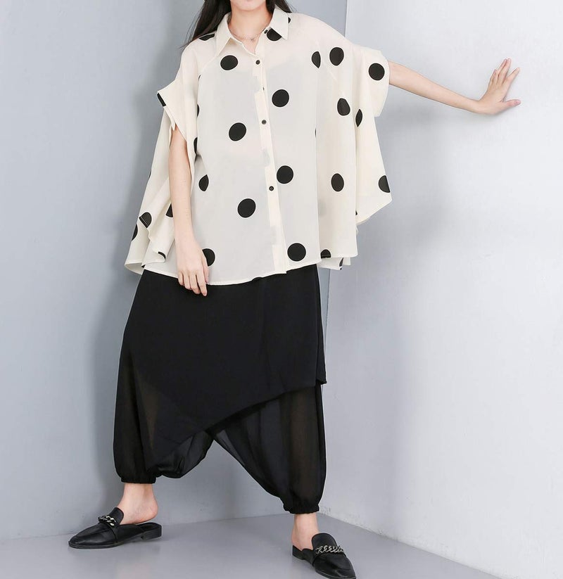 ellazhu Women's Batwing Sleeve Polka Dot Printed Button Down Blouse Oversized Shirt Top for Summer GY1903 White - Image 5